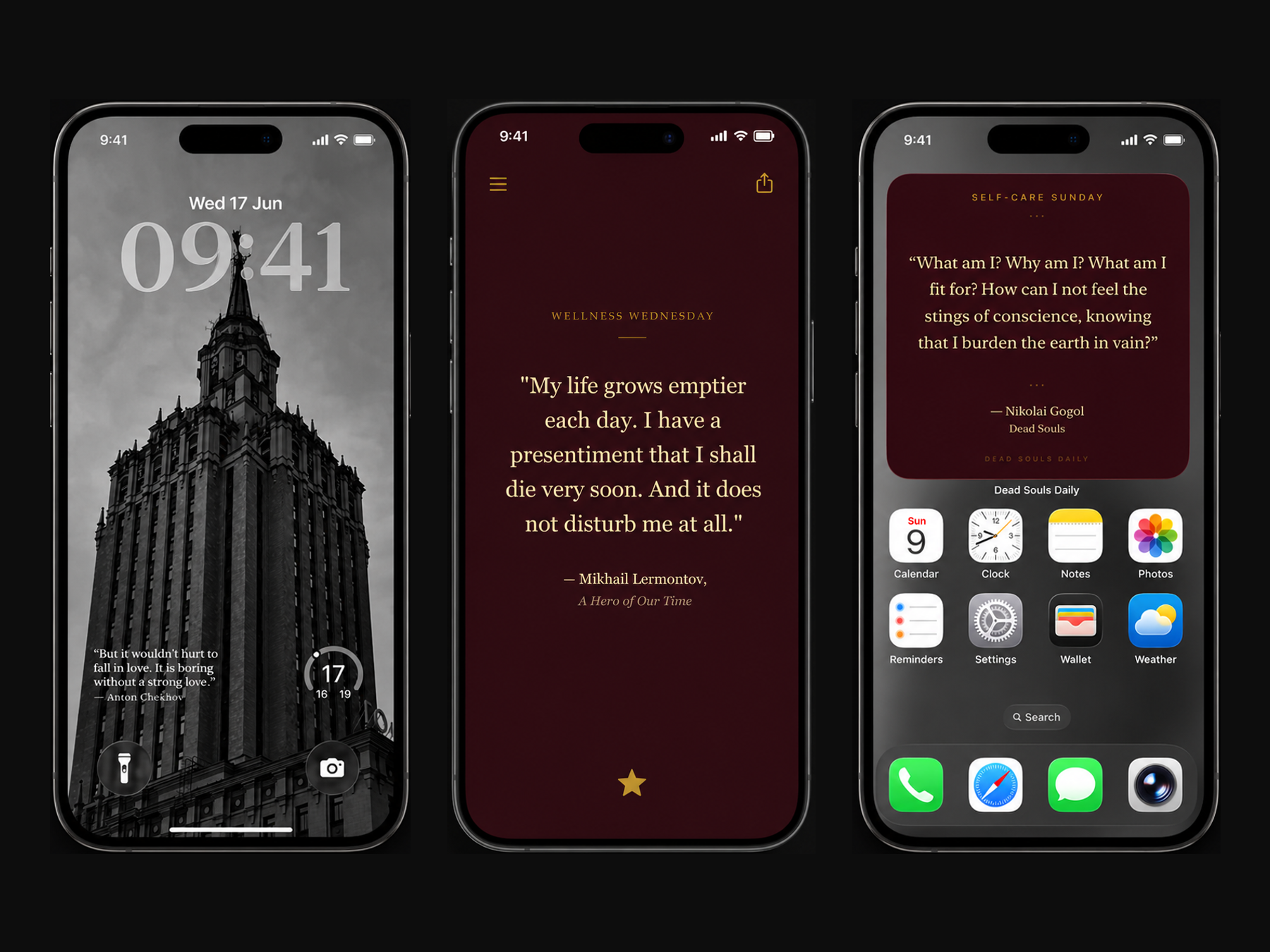 Dead Souls Daily on iPhone: the daily quote wallpaper, a passage from Lermontov, and the home screen widget.