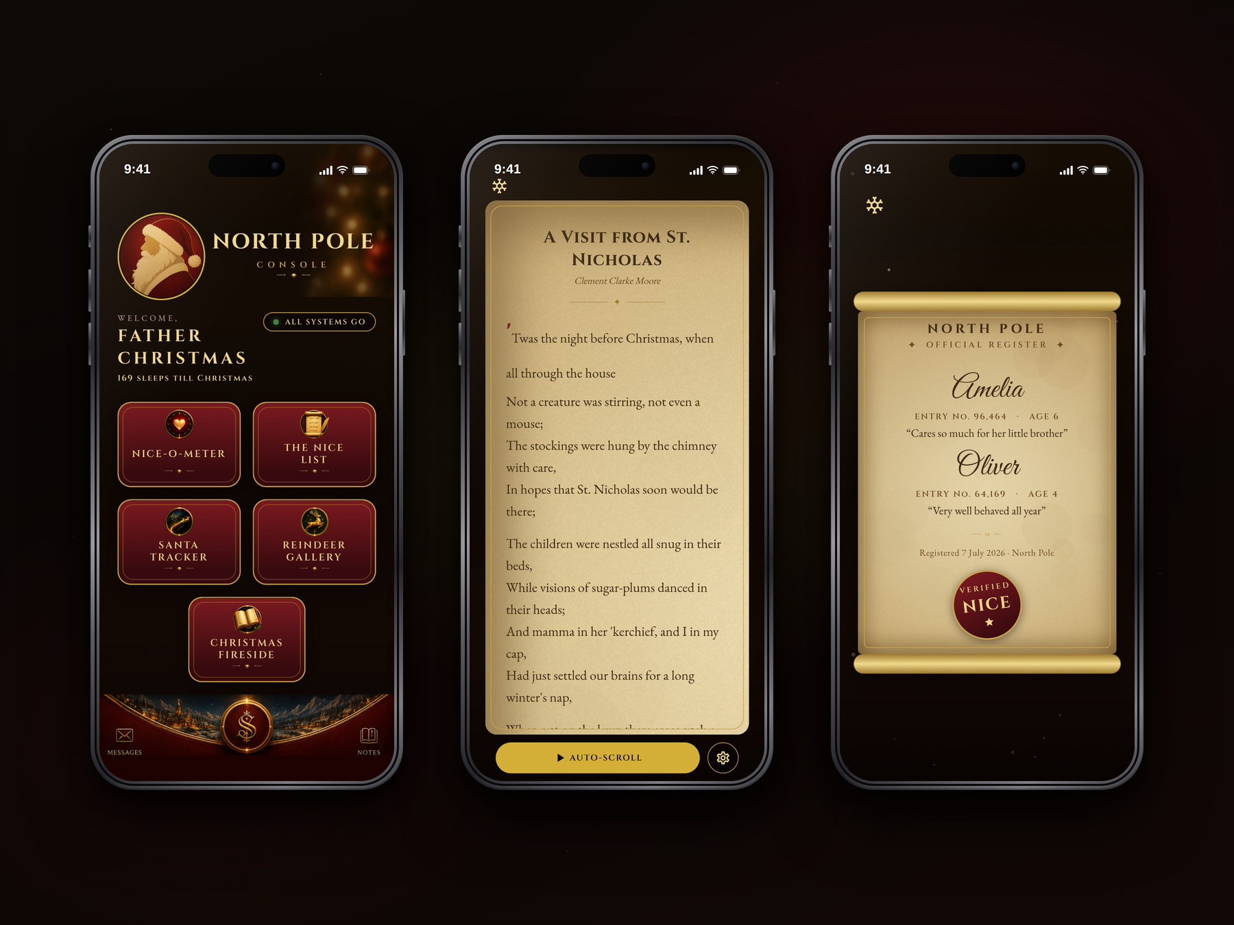 North Pole Console on iPhone: Santa's console, the Christmas fireside reader, and the Nice List register.
