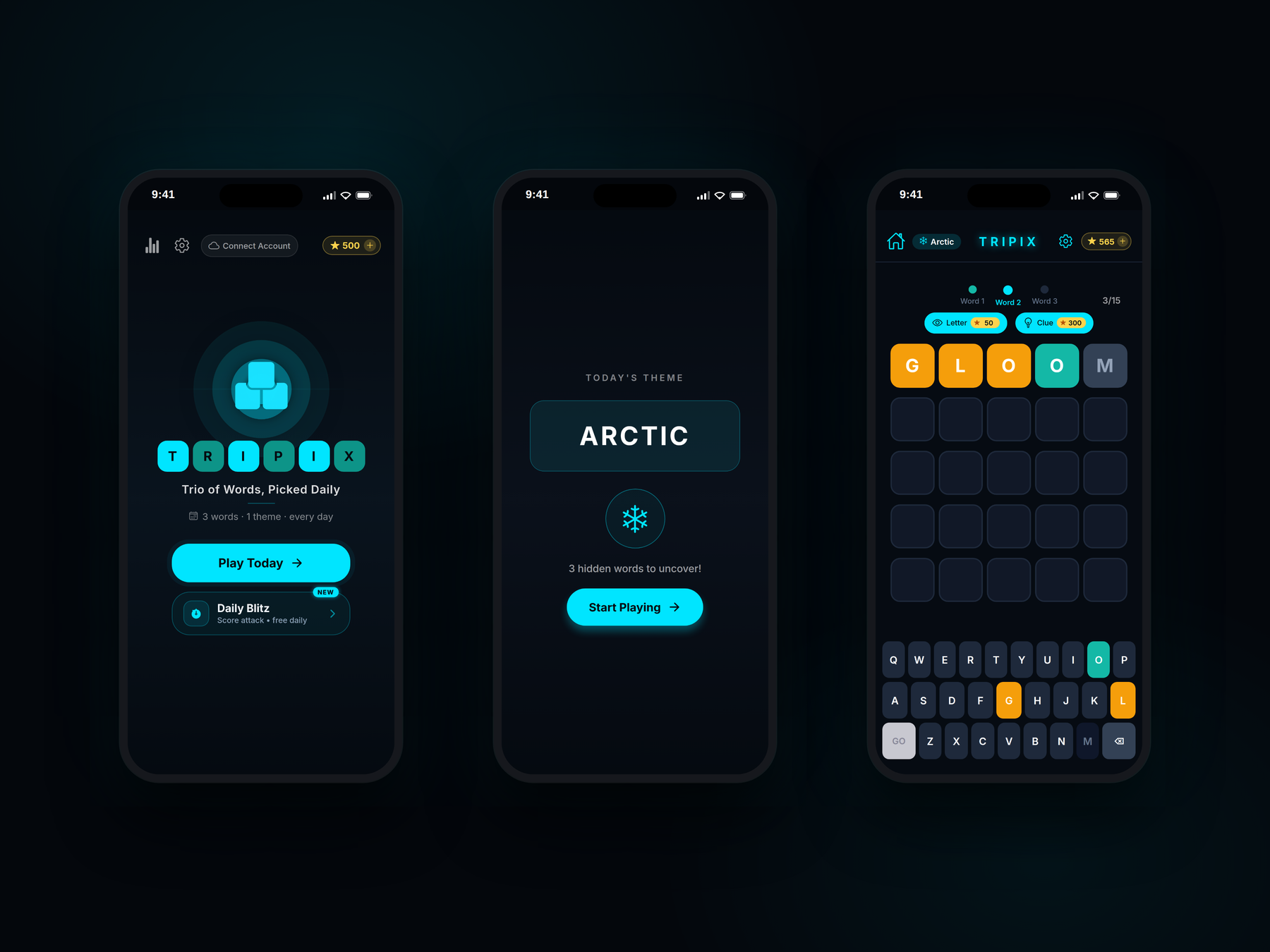Tripix on iPhone: the daily home screen, the theme reveal, and the puzzle board mid-game.
