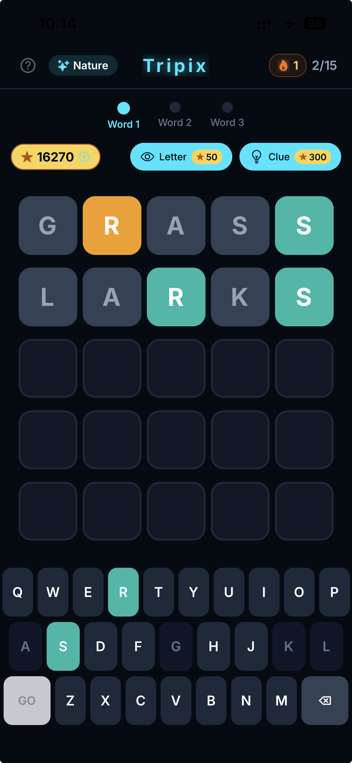 Tripix iOS app gameplay — the daily word puzzle grid showing three hidden word slots to solve