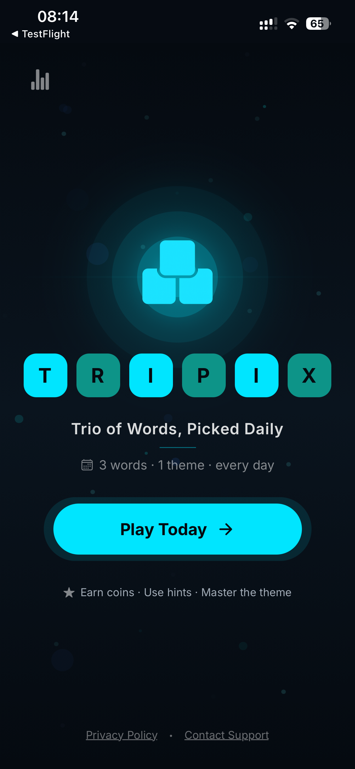 Tripix daily puzzle drop screen showing a new word challenge arriving at midnight